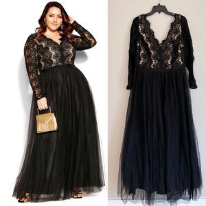 City Chic Plus Size Black Rare Beauty Lace Long Sleeve Dress Tulle